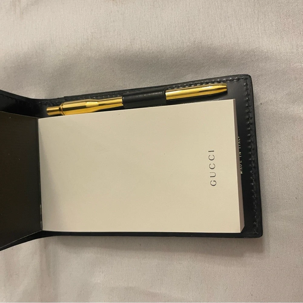Gucci Black Mini Leather Pocket Notepad with Gold Pen